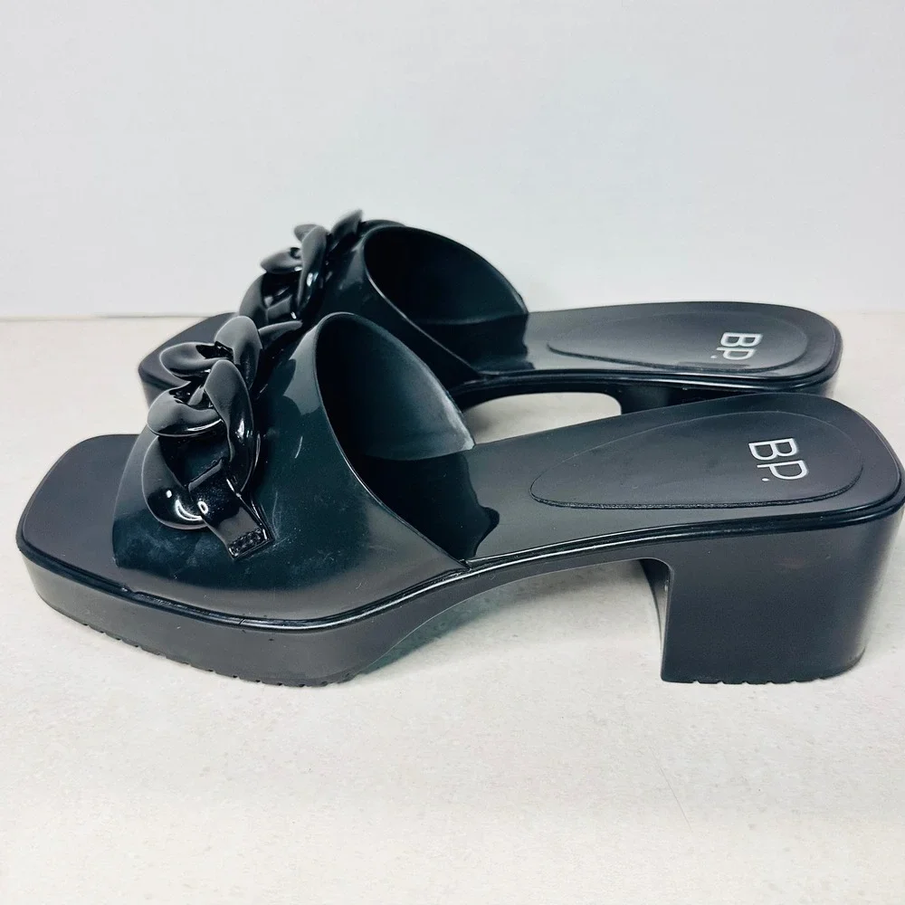BP Black Jelly Platform Slide Sandals Chain Link Block Heel Square Toe 9M - Picture 3 of 6